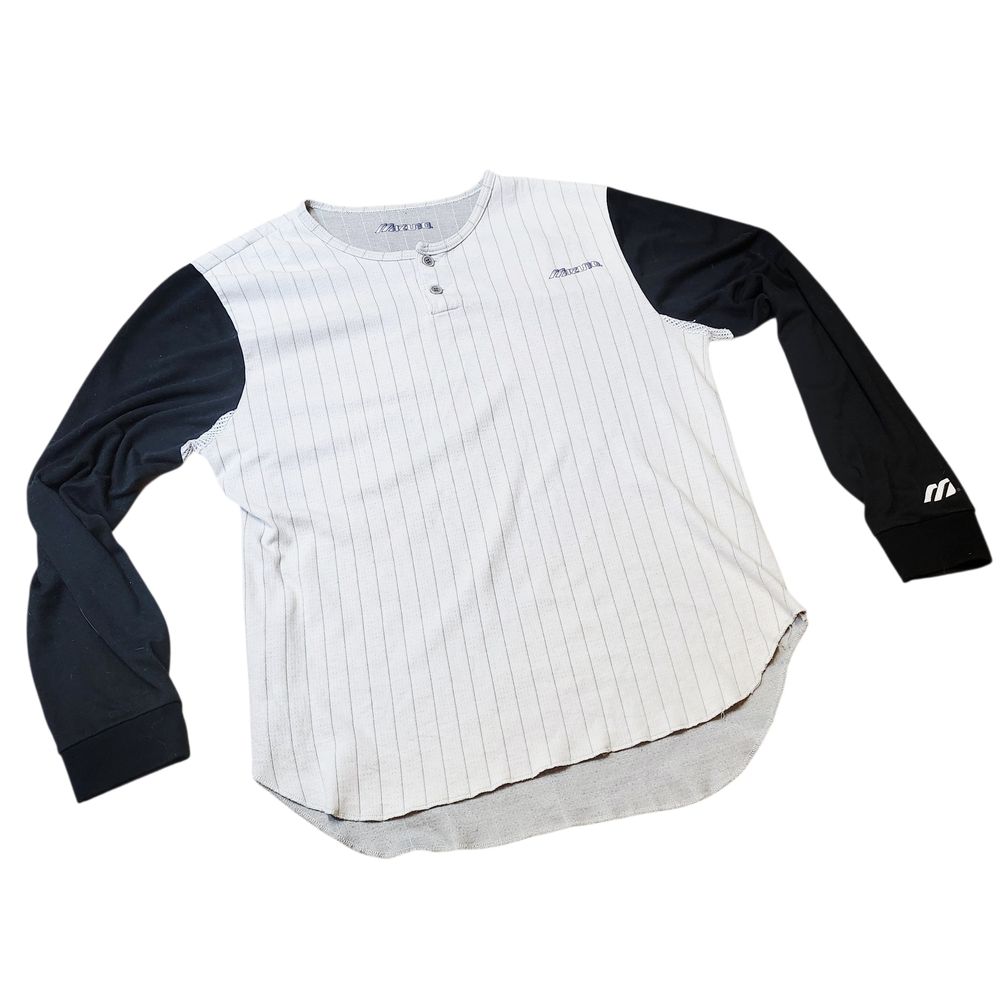 Mizuno Vintage 90s Black and White Striped Henley Shirt. Baggy Fit Rare Y2k